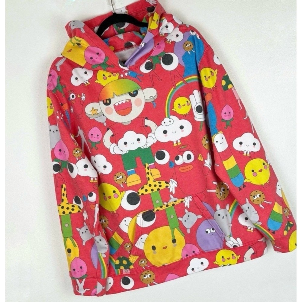 J Balvin Hoodie Size Large Red X Friends With You Whimsical Cartoon Graphics EUC